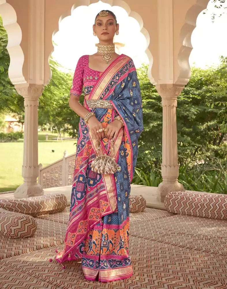 Image of Ivory Blue Ikat Mirror work Patola Saree