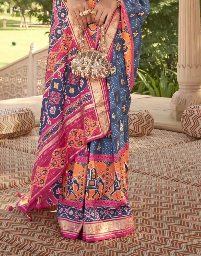 Image of Ivory Blue Ikat Mirror work Patola Saree