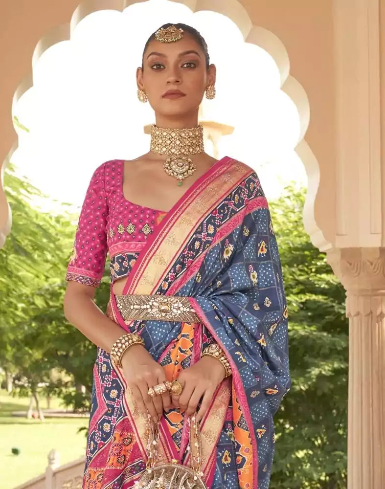 Image of Ivory Blue Ikat Mirror work Patola Saree