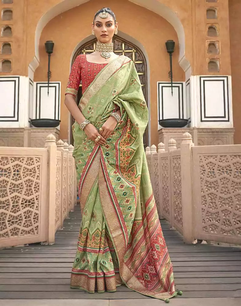 Image of Patola Fancy Pista Green Geometric Print Saree