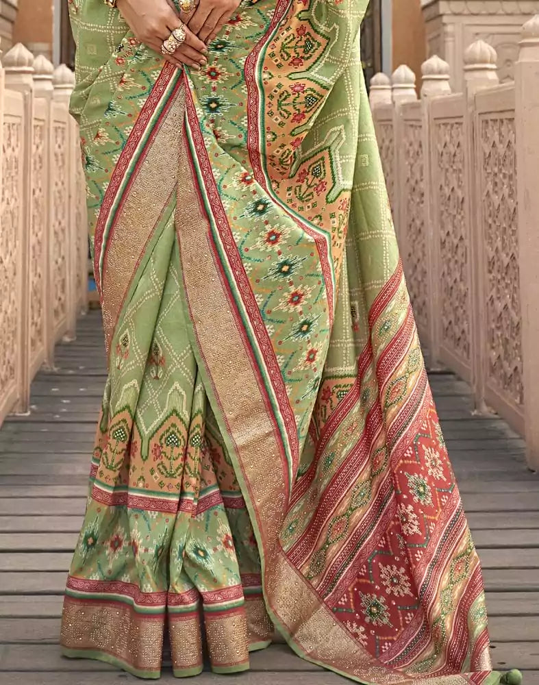 Image of Patola Fancy Pista Green Geometric Print Saree