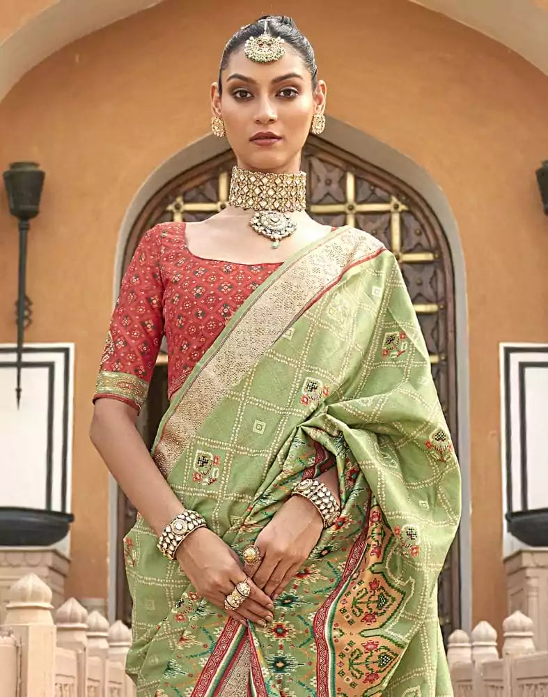 Image of Patola Fancy Pista Green Geometric Print Saree