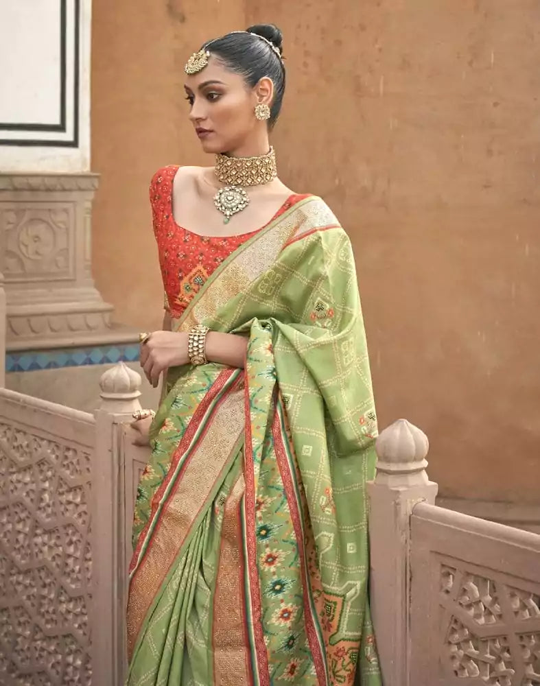 Image of Patola Fancy Pista Green Geometric Print Saree