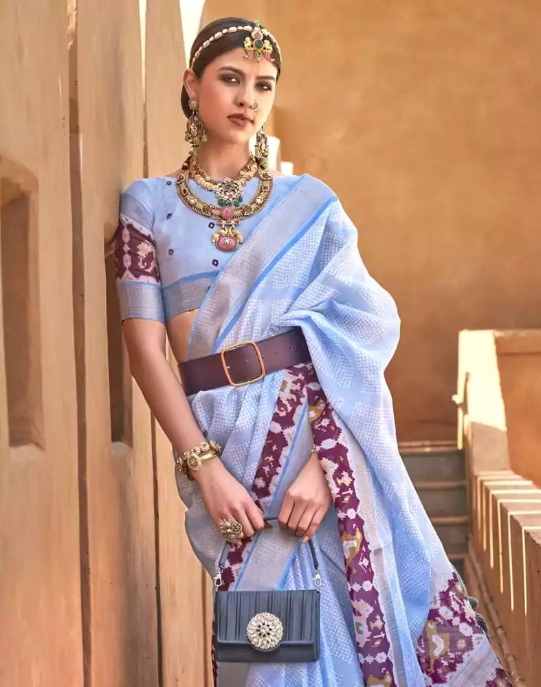 Image of Light Blue Geometric Soft Cotton Silk Printed Saree