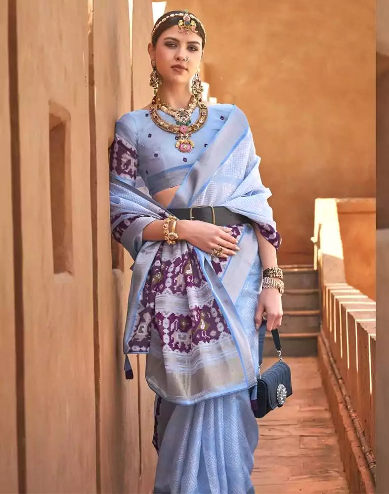 Image of Light Blue Geometric Soft Cotton Silk Printed Saree