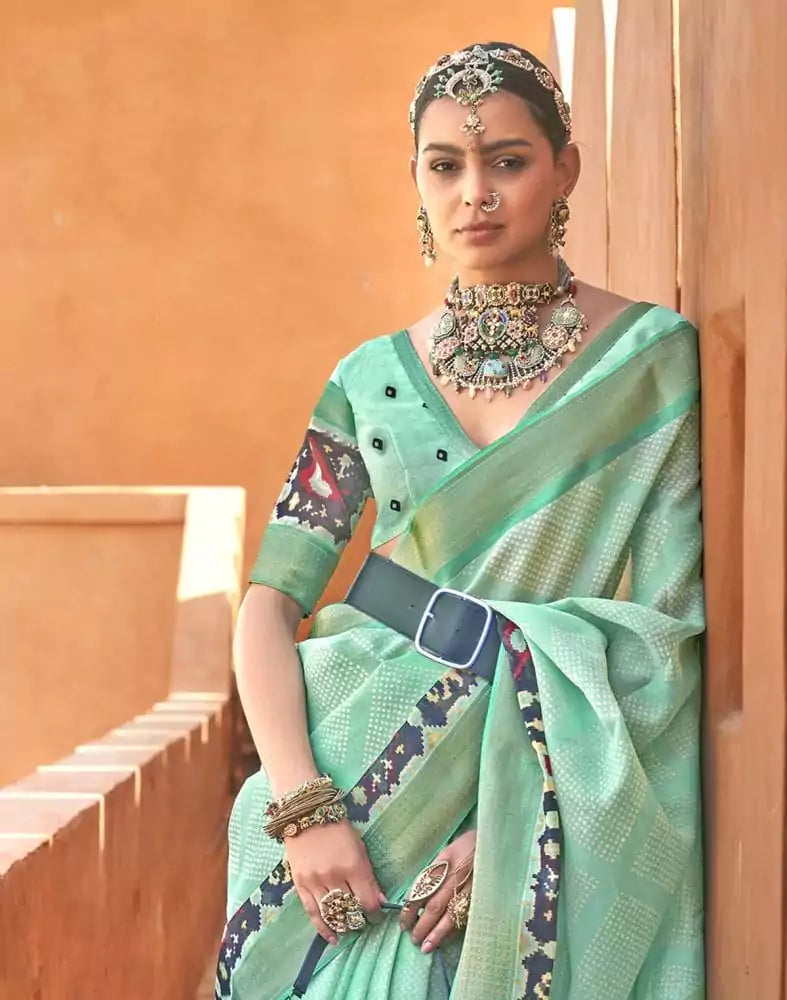 Image of Exclusive Sea Green Geometric Print Cotton Silk Saree