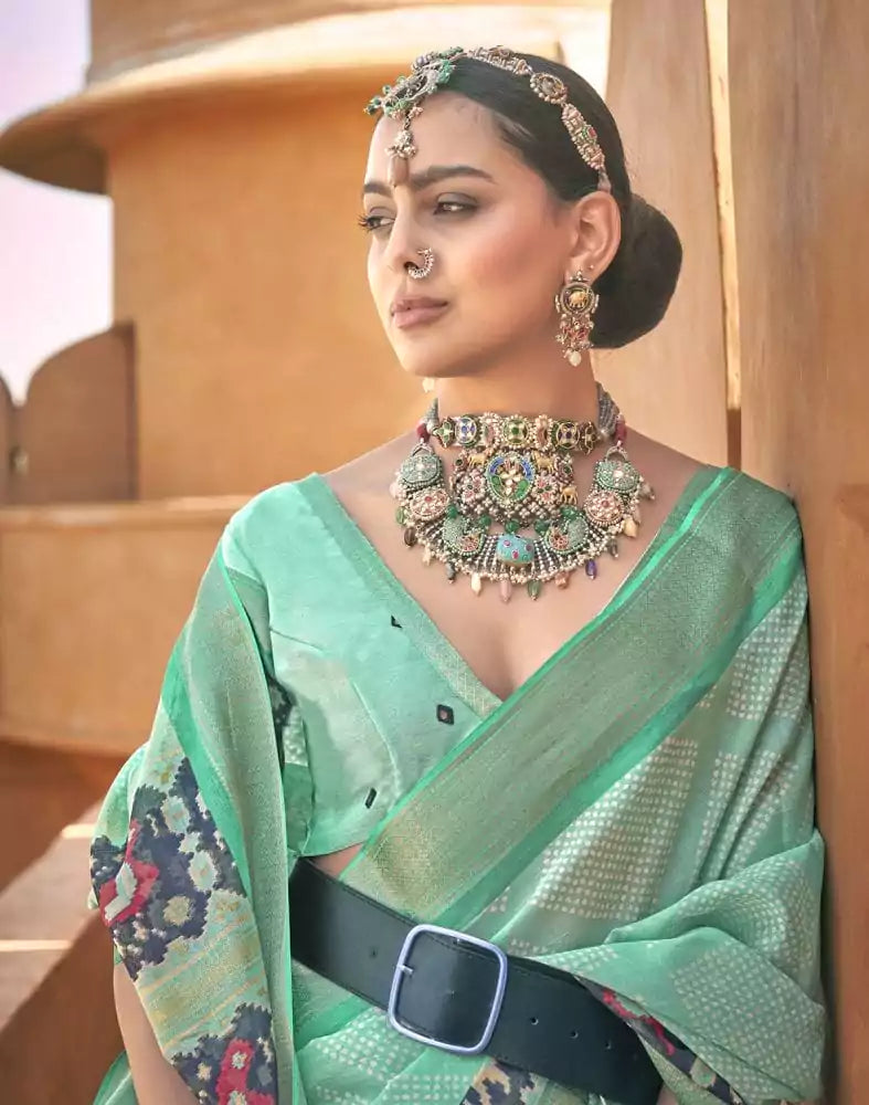 Image of Exclusive Sea Green Geometric Print Cotton Silk Saree