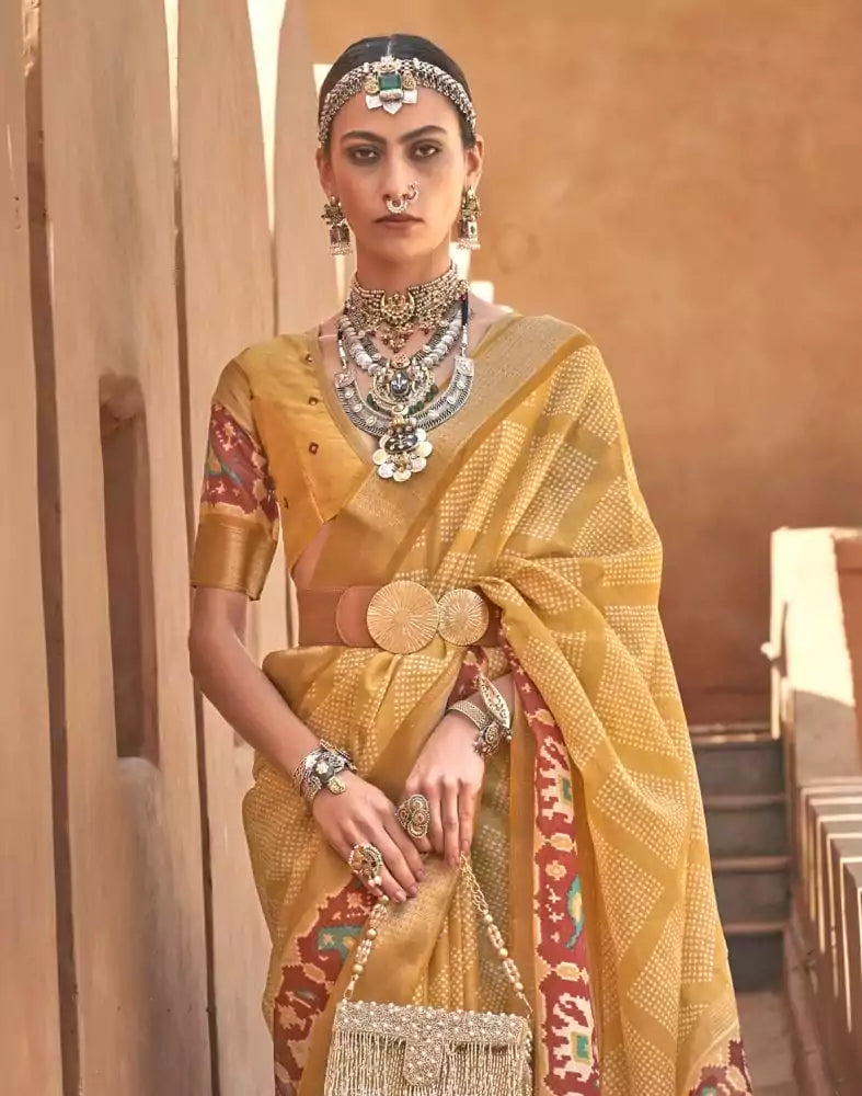 Image of Ivory Mustard Geometric Cotton Silk Saree