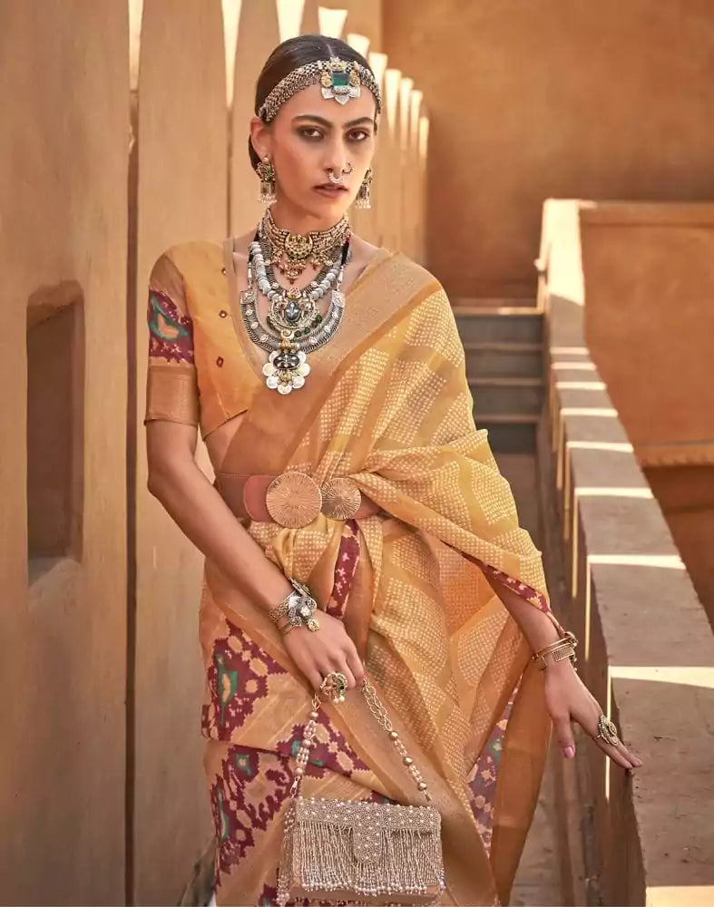 Image of Ivory Mustard Geometric Cotton Silk Saree