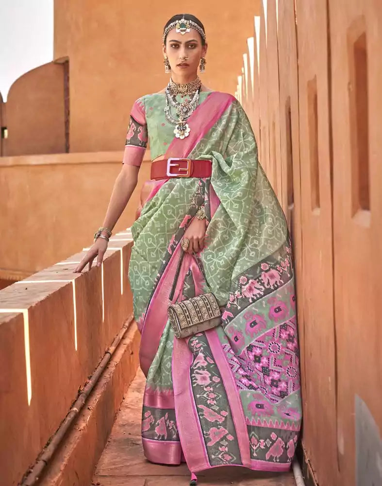 Image of Light Green Colour Geometric Print Cotton Silk Fancy Saree