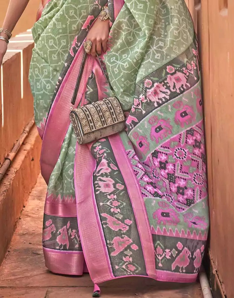 Image of Light Green Colour Geometric Print Cotton Silk Fancy Saree