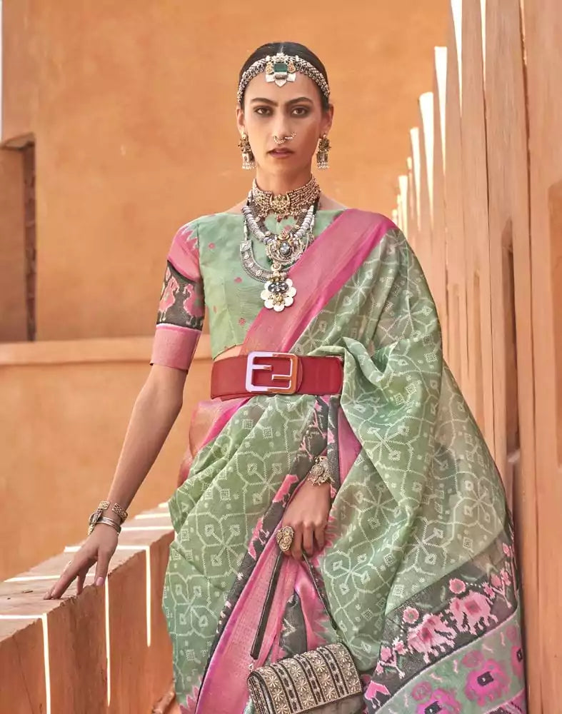 Image of Light Green Colour Geometric Print Cotton Silk Fancy Saree