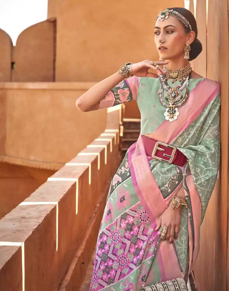 Image of Light Green Colour Geometric Print Cotton Silk Fancy Saree