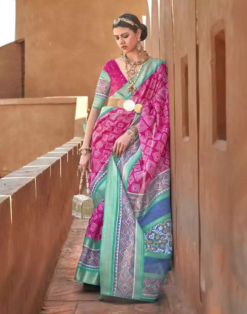 Image of Geometric Print Pink Coloured Cotton Silk Saree