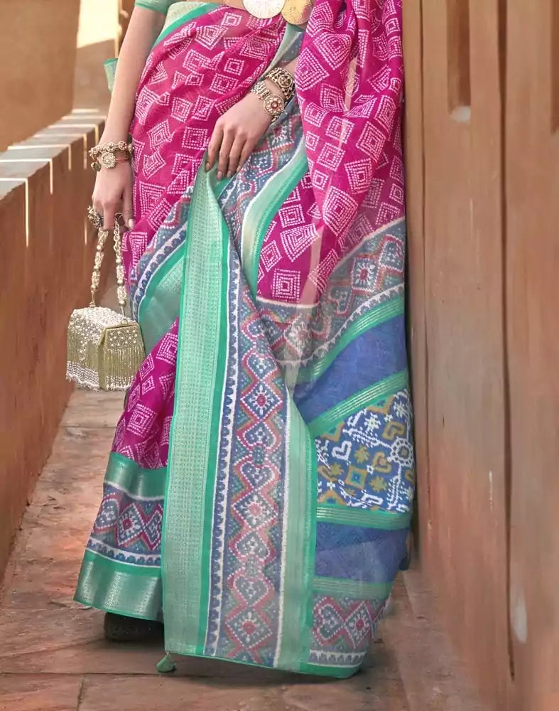 Image of Geometric Print Pink Coloured Cotton Silk Saree