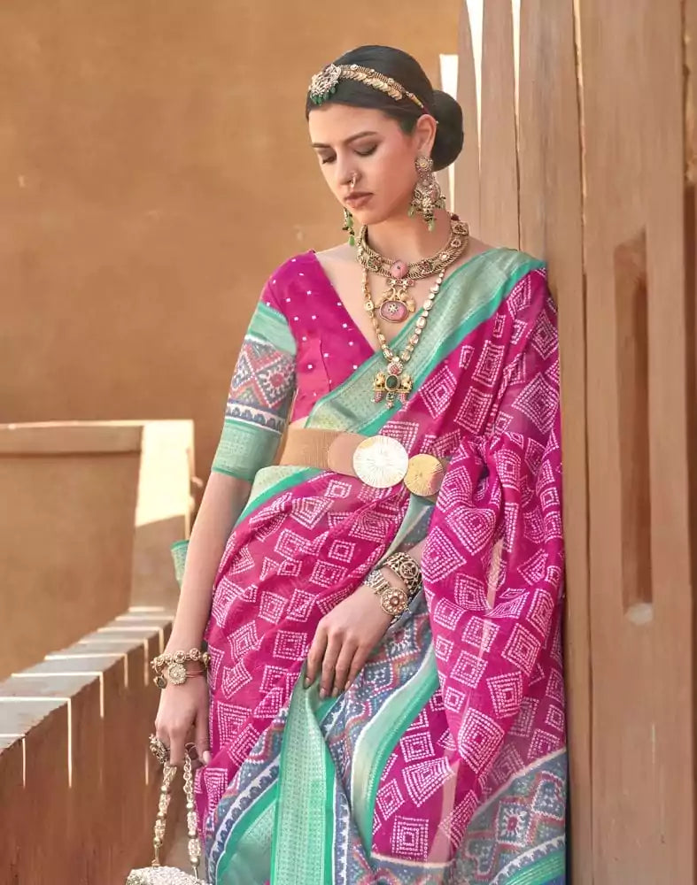 Image of Geometric Print Pink Coloured Cotton Silk Saree
