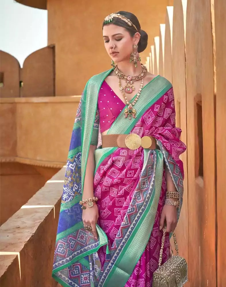 Image of Geometric Print Pink Coloured Cotton Silk Saree