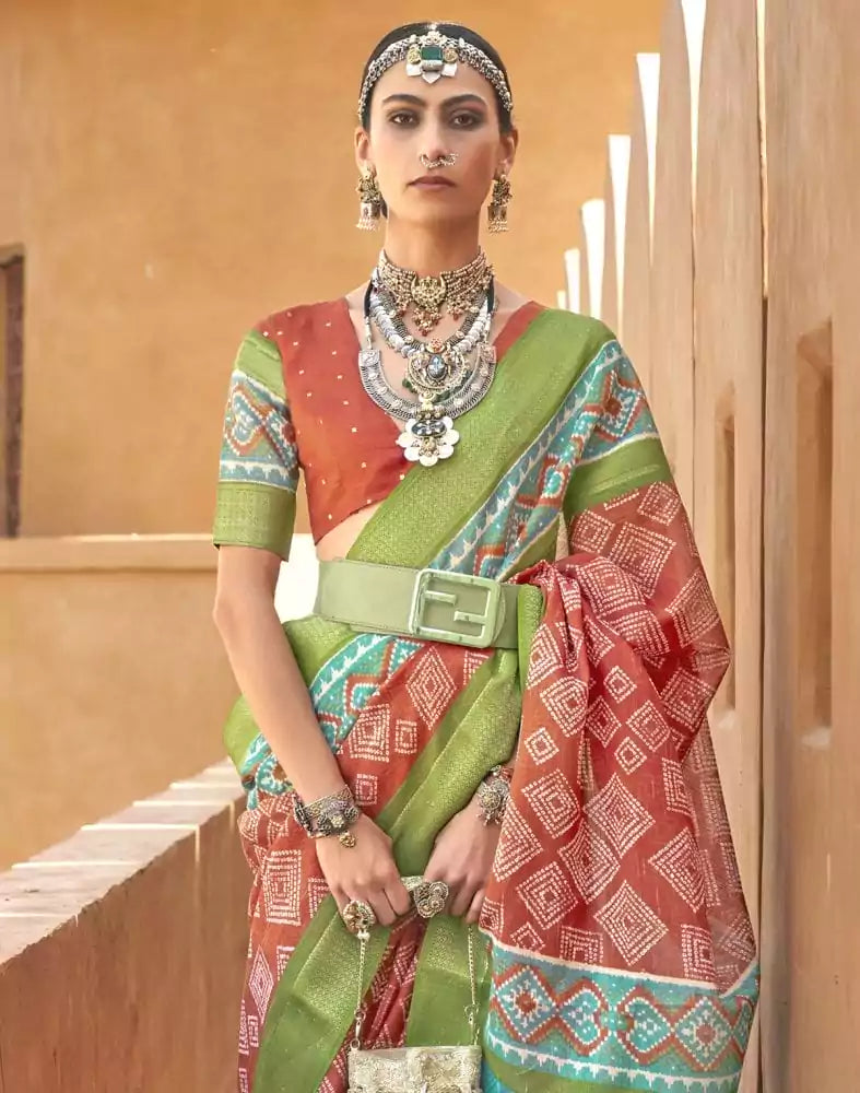 Image of Orange Geometric Print Soft Cotton Silk Saree