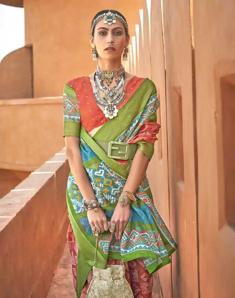 Image of Orange Geometric Print Soft Cotton Silk Saree