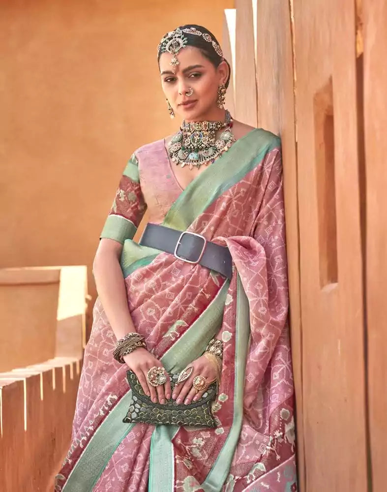 Image of Captivation Light Pink Geometric Cotton Silk Saree