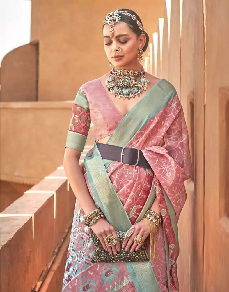 Image of Captivation Light Pink Geometric Cotton Silk Saree