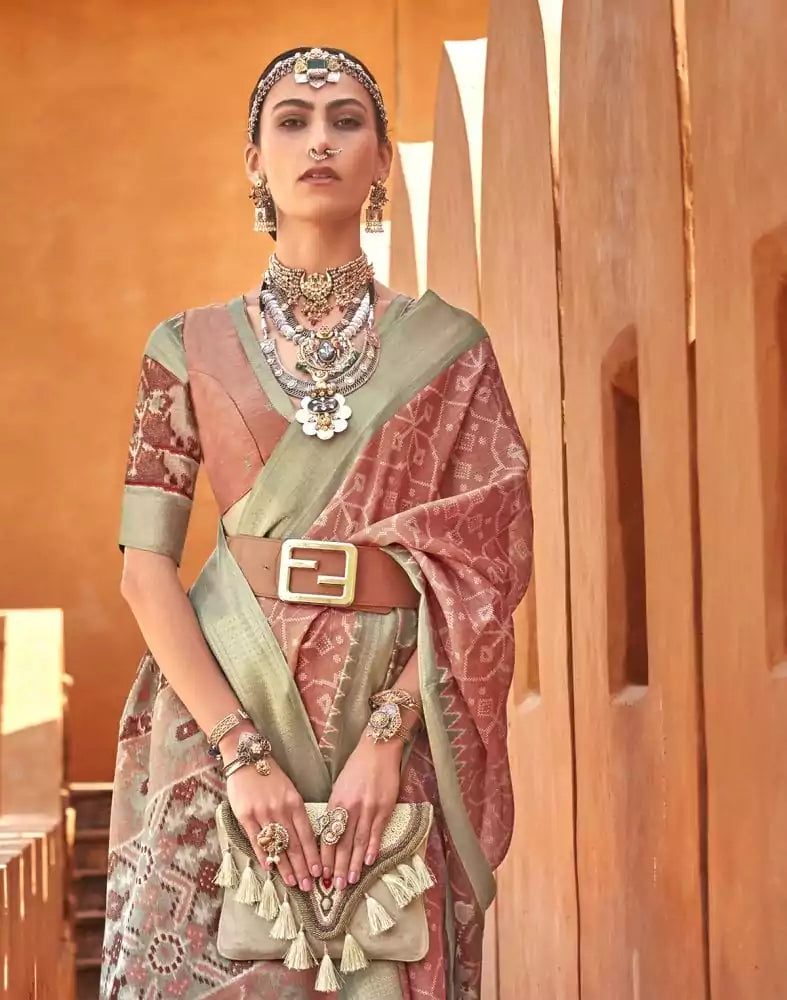 Image of Copper Light Brown Geometric Cotton Silk Saree