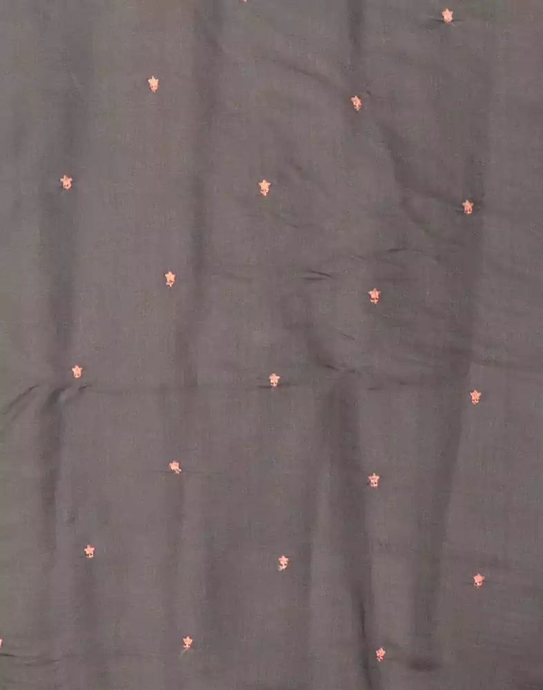 Image of Grey Coloured Floral Embroidery work Raw Silk Saree