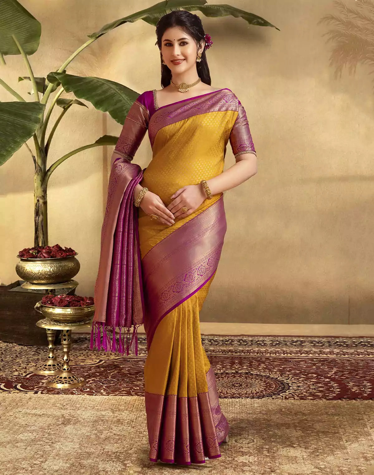 Image of Trendy Mustard Self design Soft Banaras Silk Saree