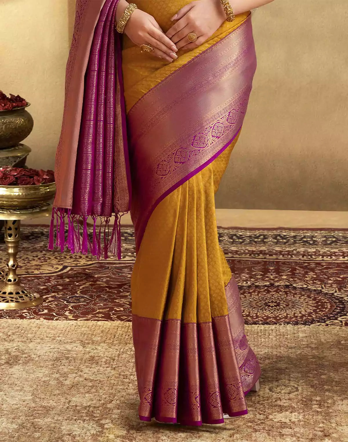 Image of Trendy Mustard Self design Soft Banaras Silk Saree