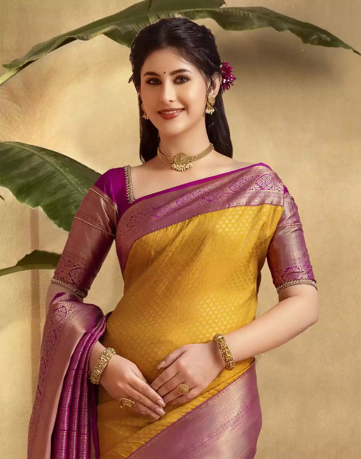 Image of Trendy Mustard Self design Soft Banaras Silk Saree