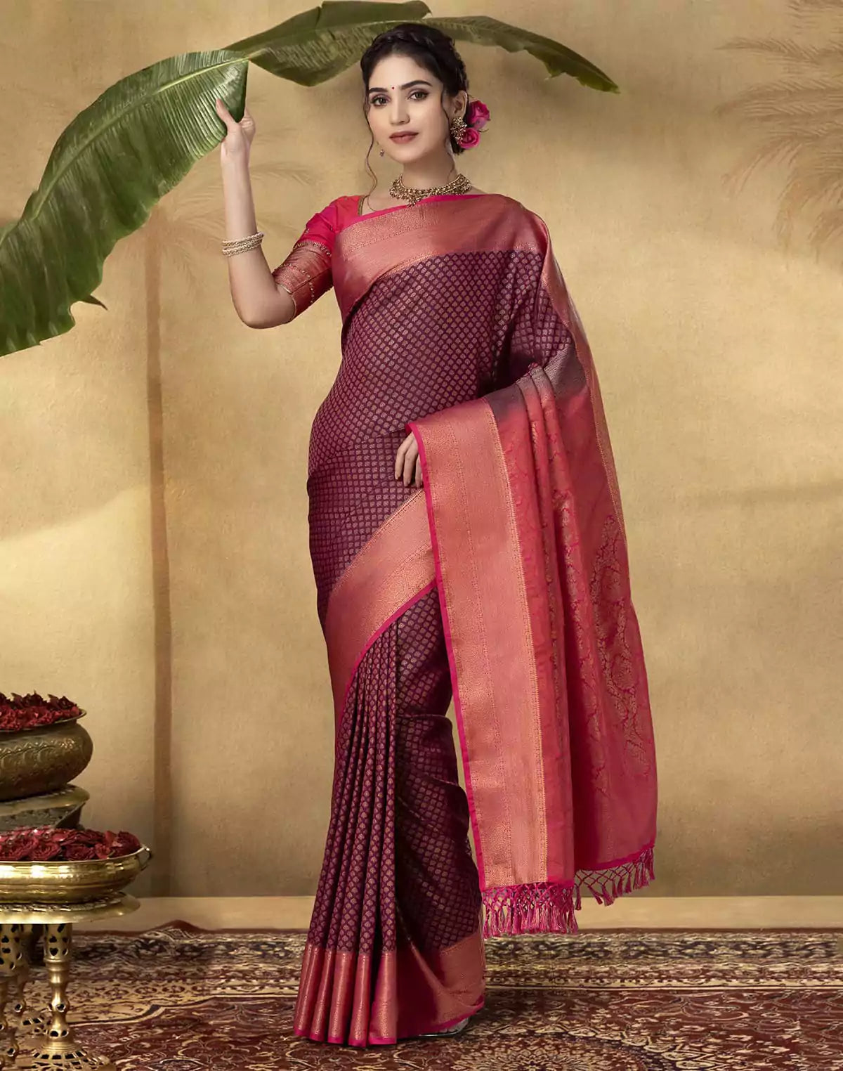 Image of Traditional Maroon Brocade design Soft Banaras Fancy Saree