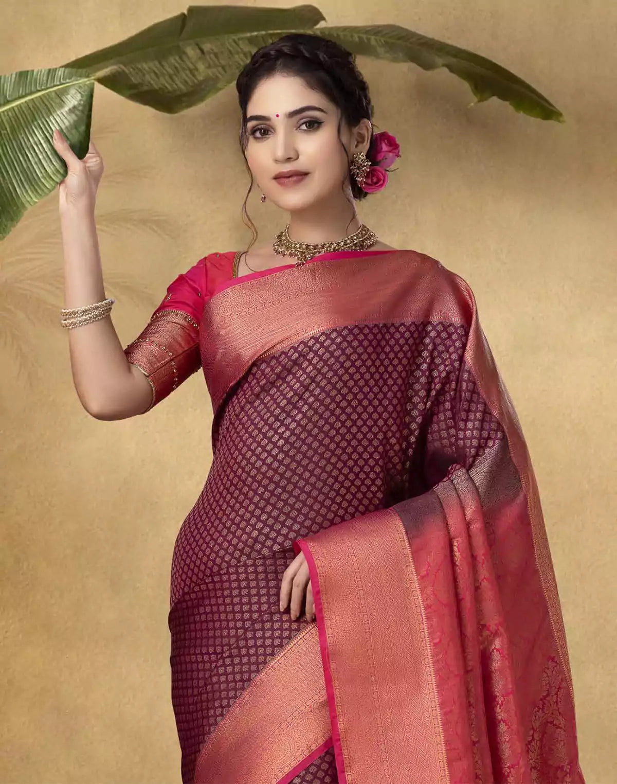 Image of Traditional Maroon Brocade design Soft Banaras Fancy Saree