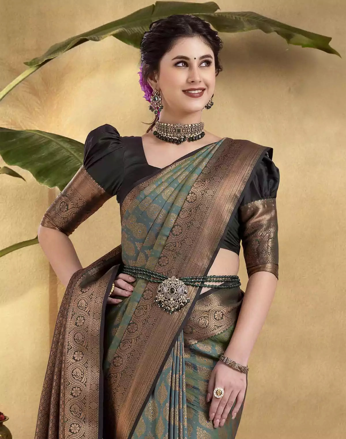 Image of Green woven design Copper Zari Soft Banaras Silk Saree
