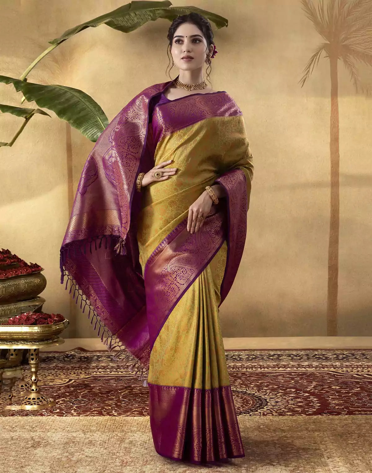 Image of Mehendi Green all over Copper Zari Soft Banaras Fancy Saree