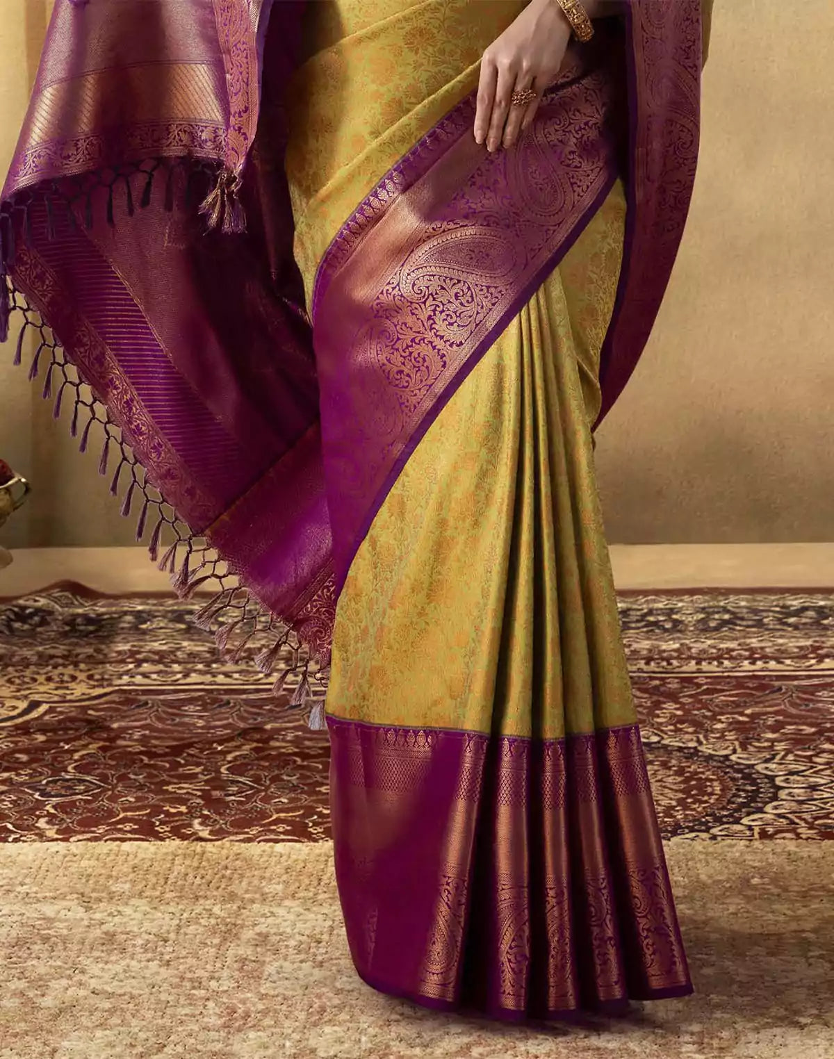 Image of Mehendi Green all over Copper Zari Soft Banaras Fancy Saree