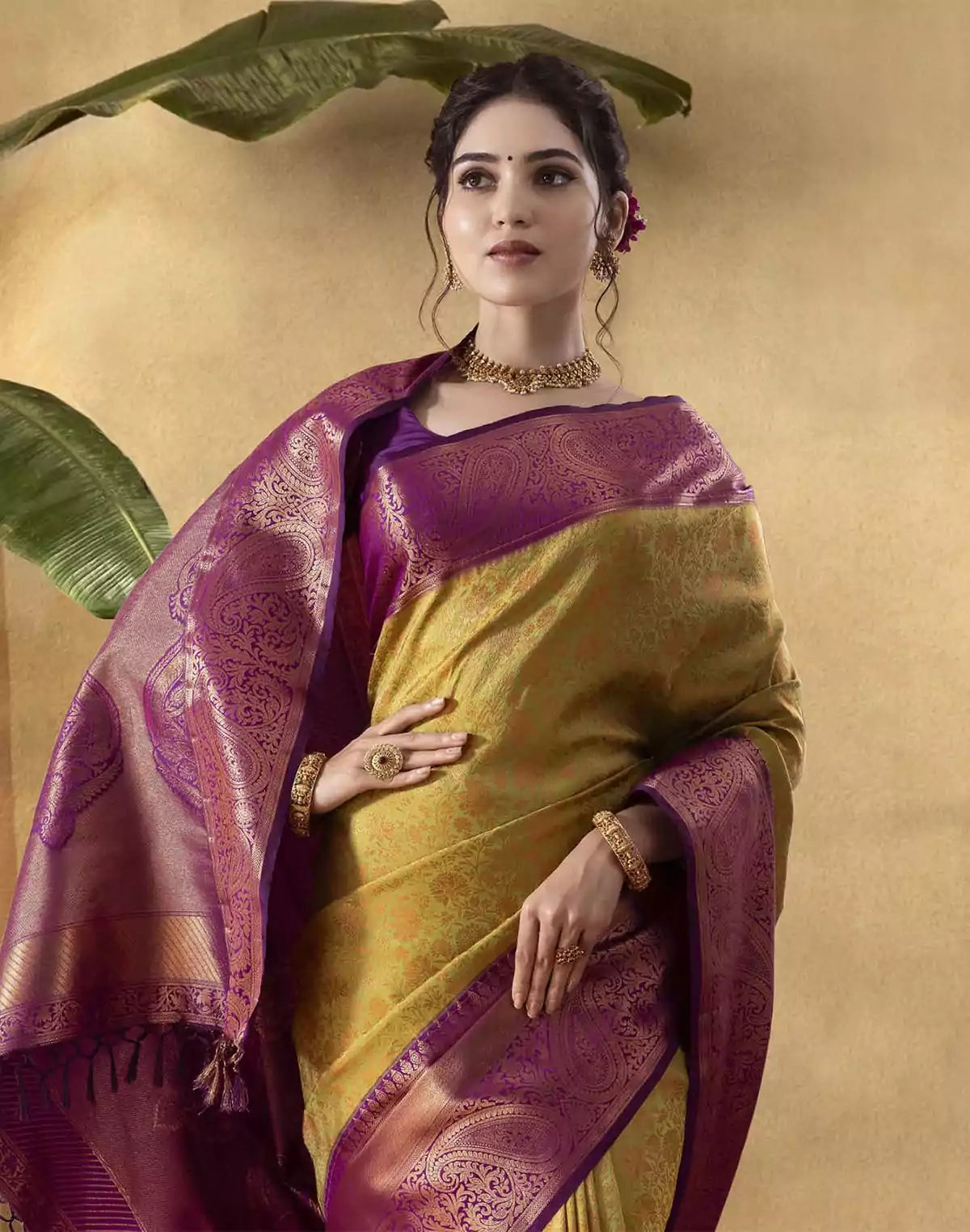 Image of Mehendi Green all over Copper Zari Soft Banaras Fancy Saree