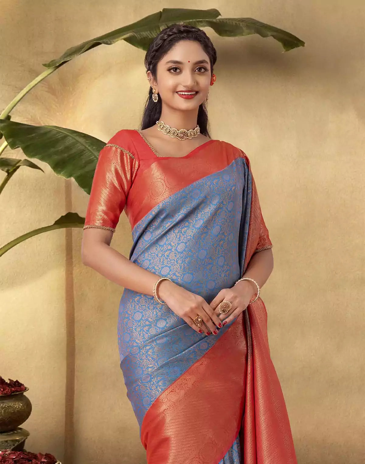 Image of Traditional Motifs Blue Colour Soft Banaras Saree