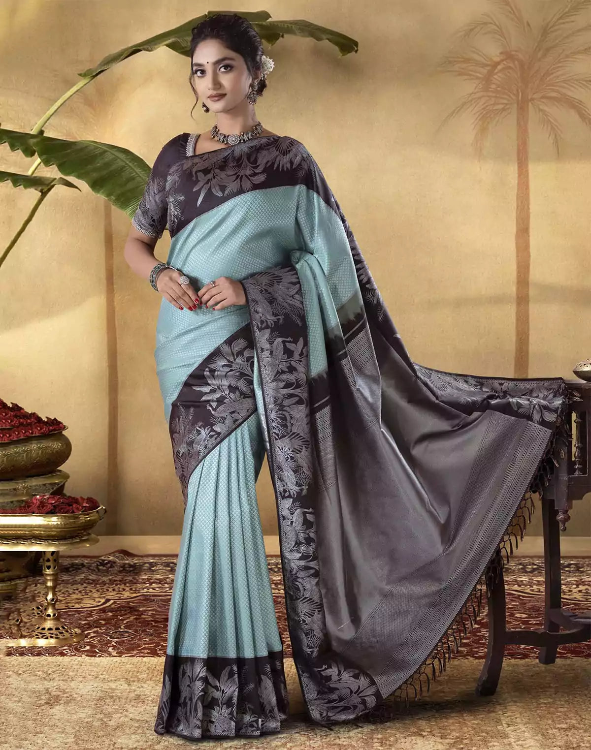 Image of Sky Blue Brocade design Soft Banaras Fancy Saree