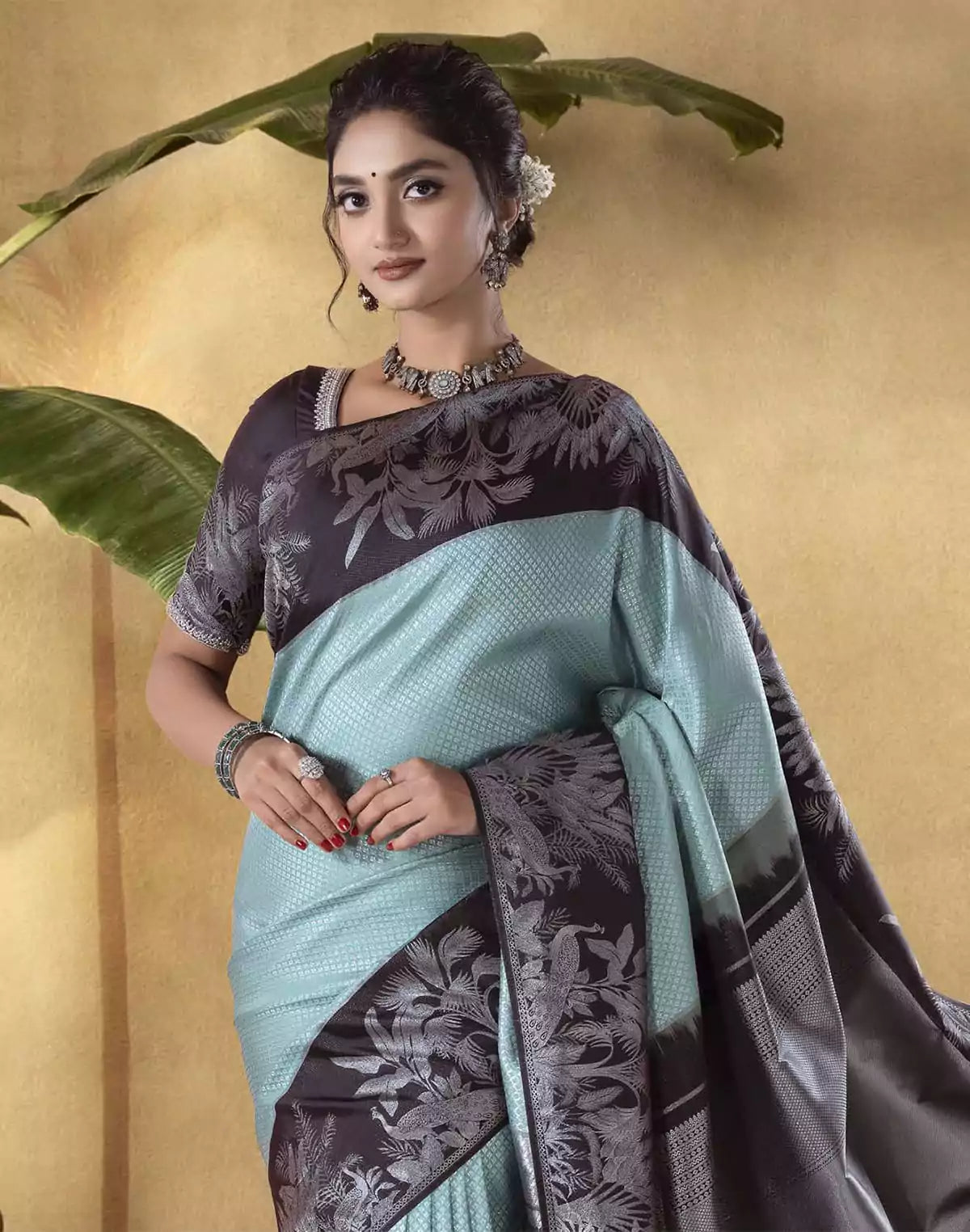 Image of Sky Blue Brocade design Soft Banaras Fancy Saree