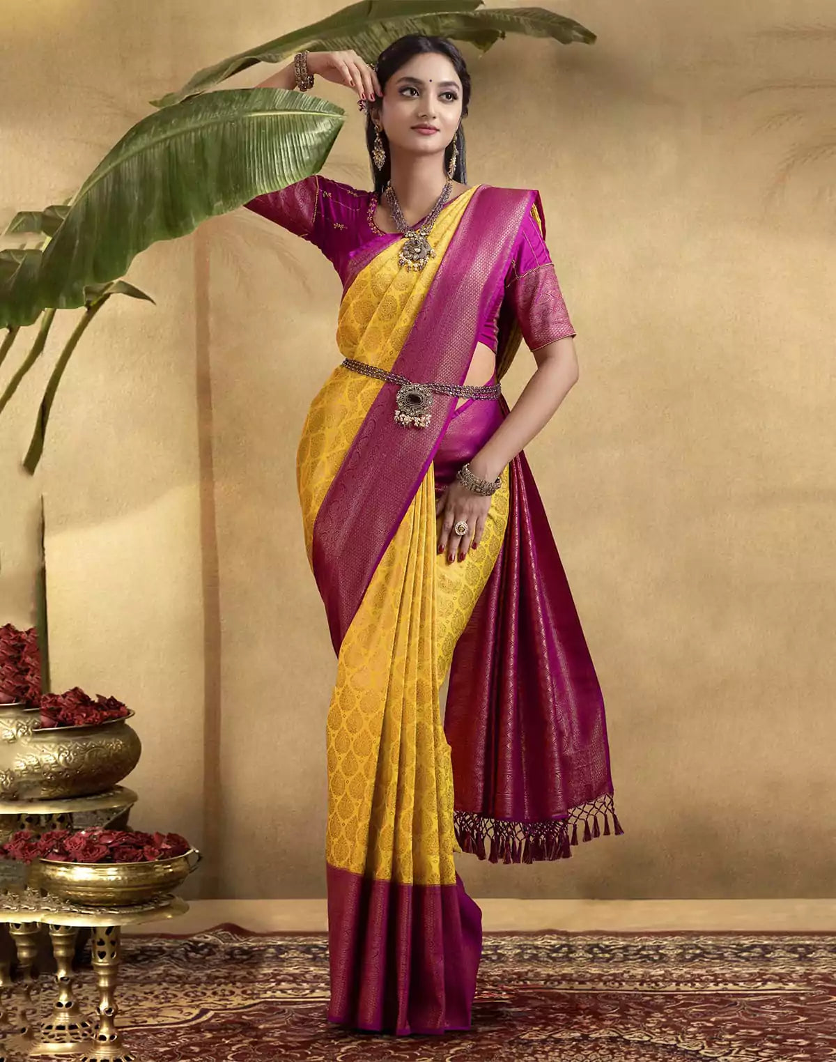 Image of Soft Banaras Silk Yellow Coloured Contrast Border Saree