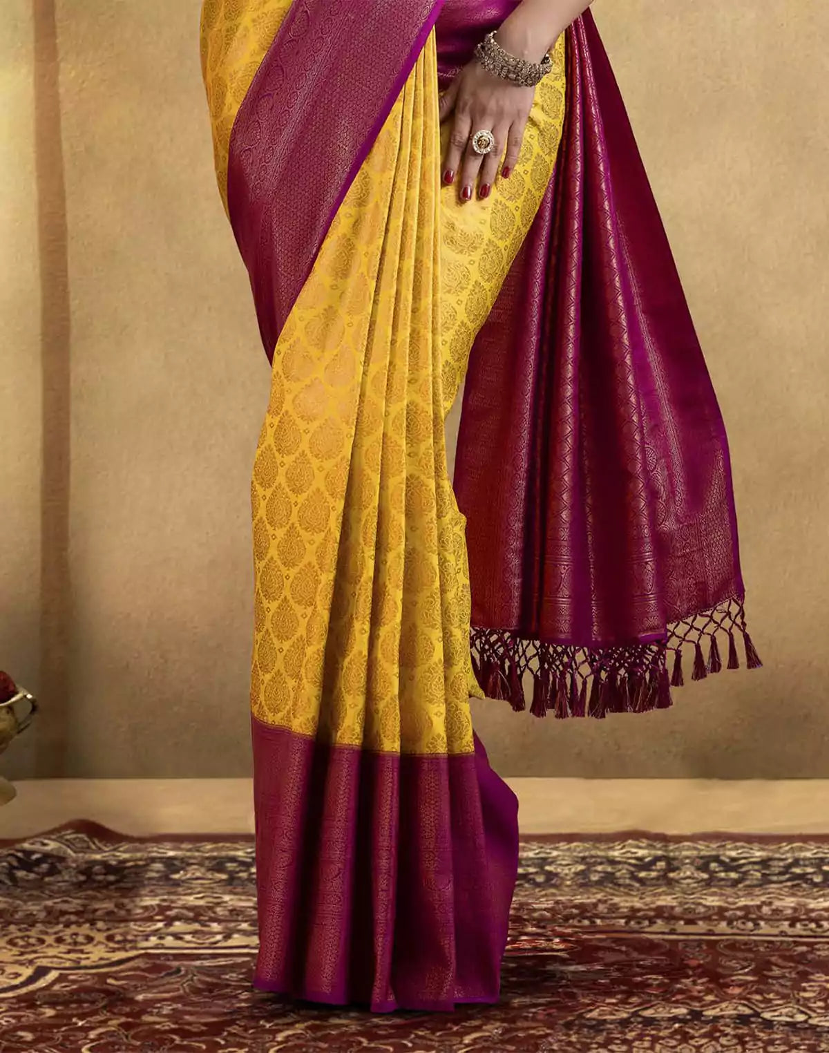 Image of Soft Banaras Silk Yellow Coloured Contrast Border Saree