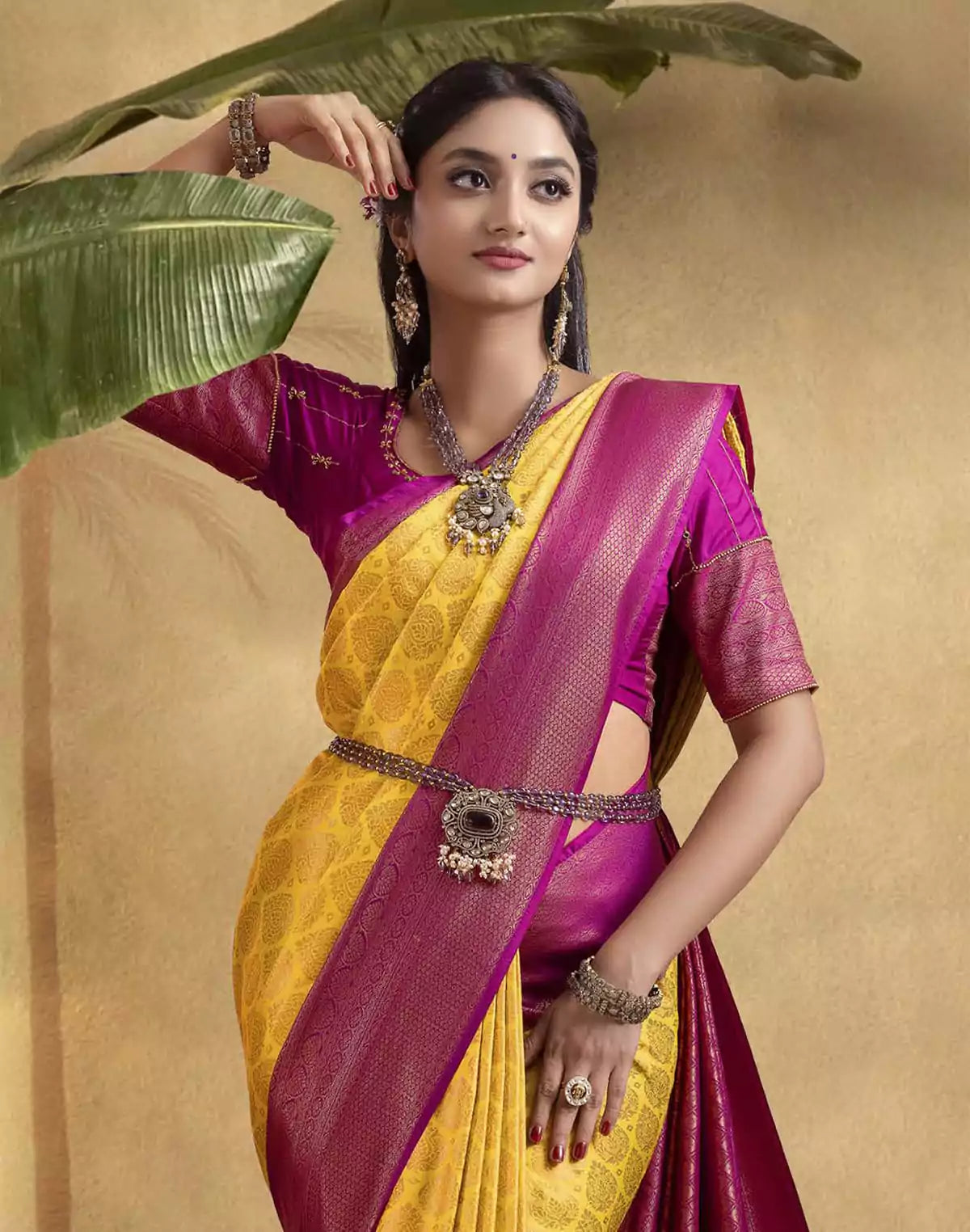 Image of Soft Banaras Silk Yellow Coloured Contrast Border Saree