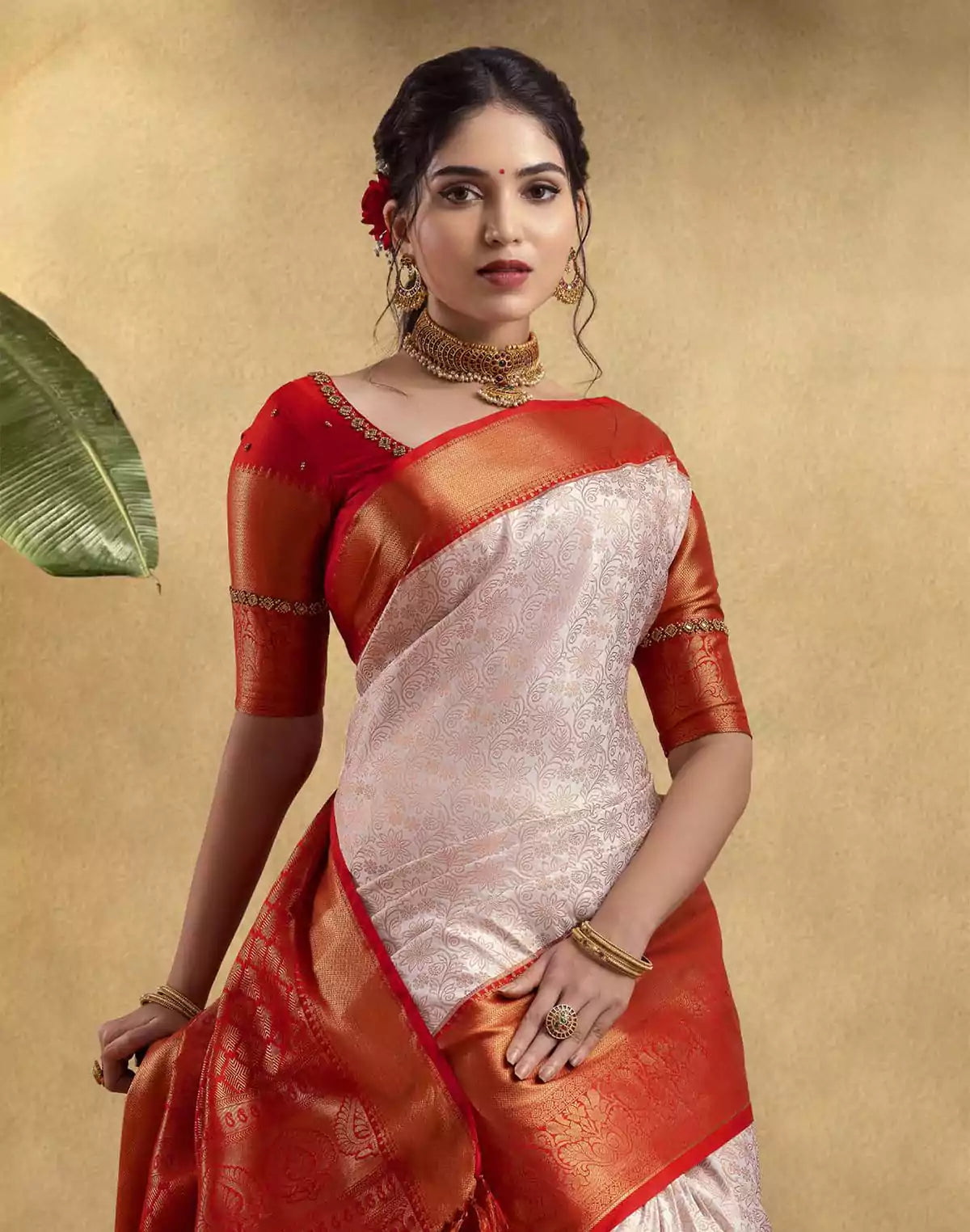 Image of Elegant Cream Coloured Soft Banaras Fancy Contrast Border Saree