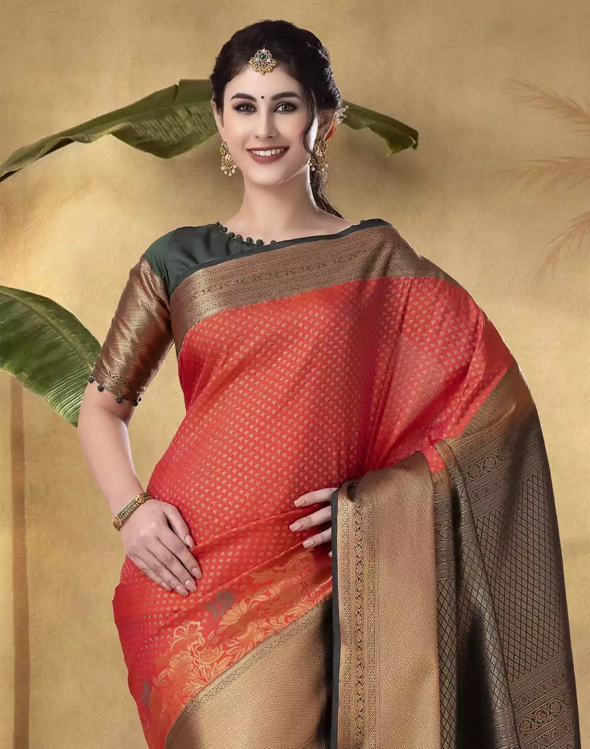 Image of Orange Coloured Copper Zari Border Soft Banaras Silk Saree