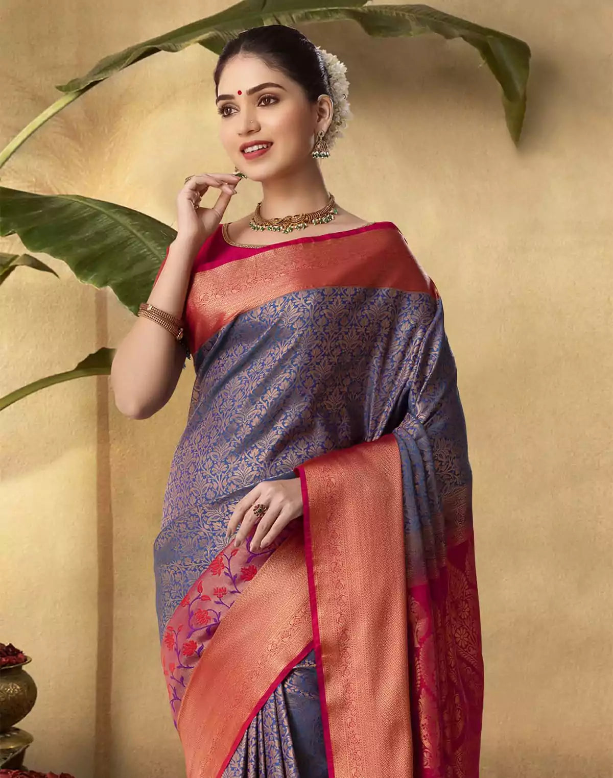 Image of Blue Floral Soft Banaras Contrast Border Saree