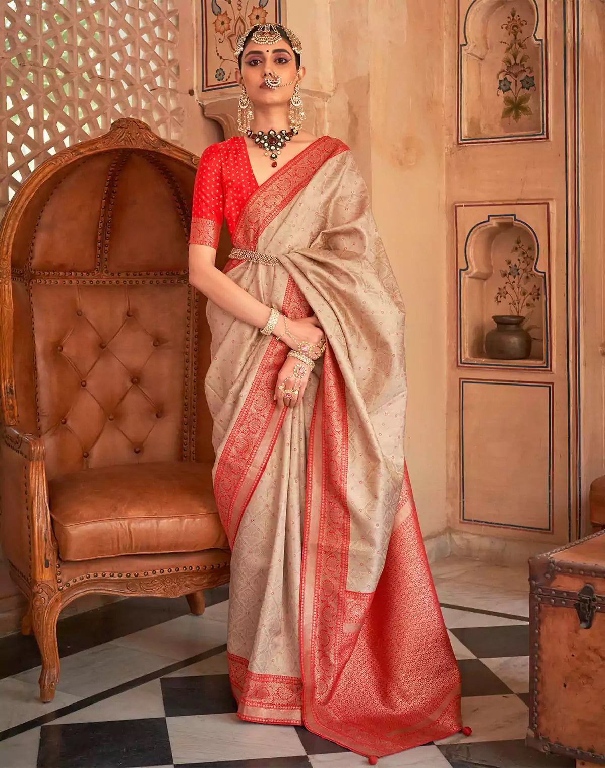 Image of Beige Soft Banaras Silk Saree with Contrast Blouse