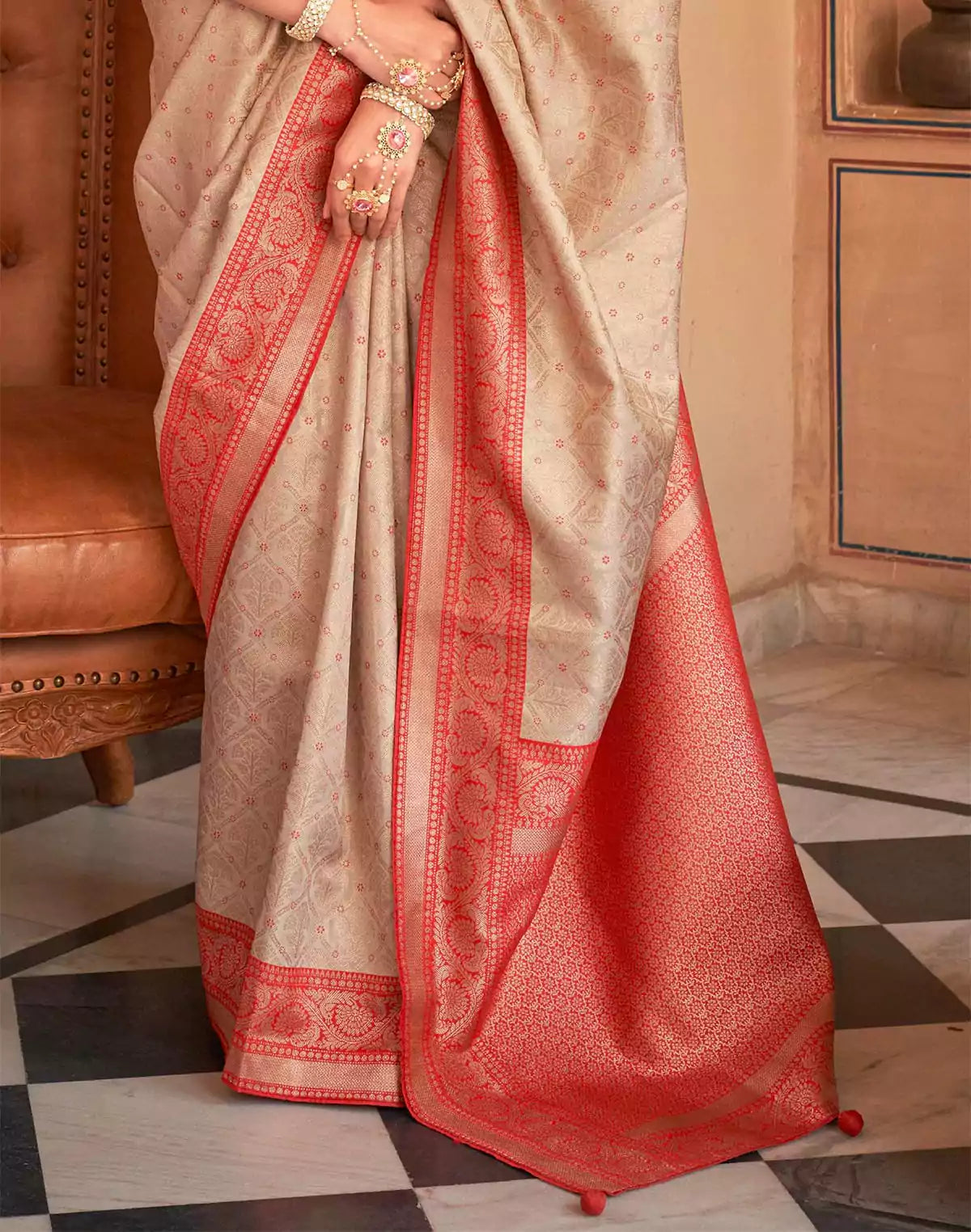 Image of Beige Soft Banaras Silk Saree with Contrast Blouse