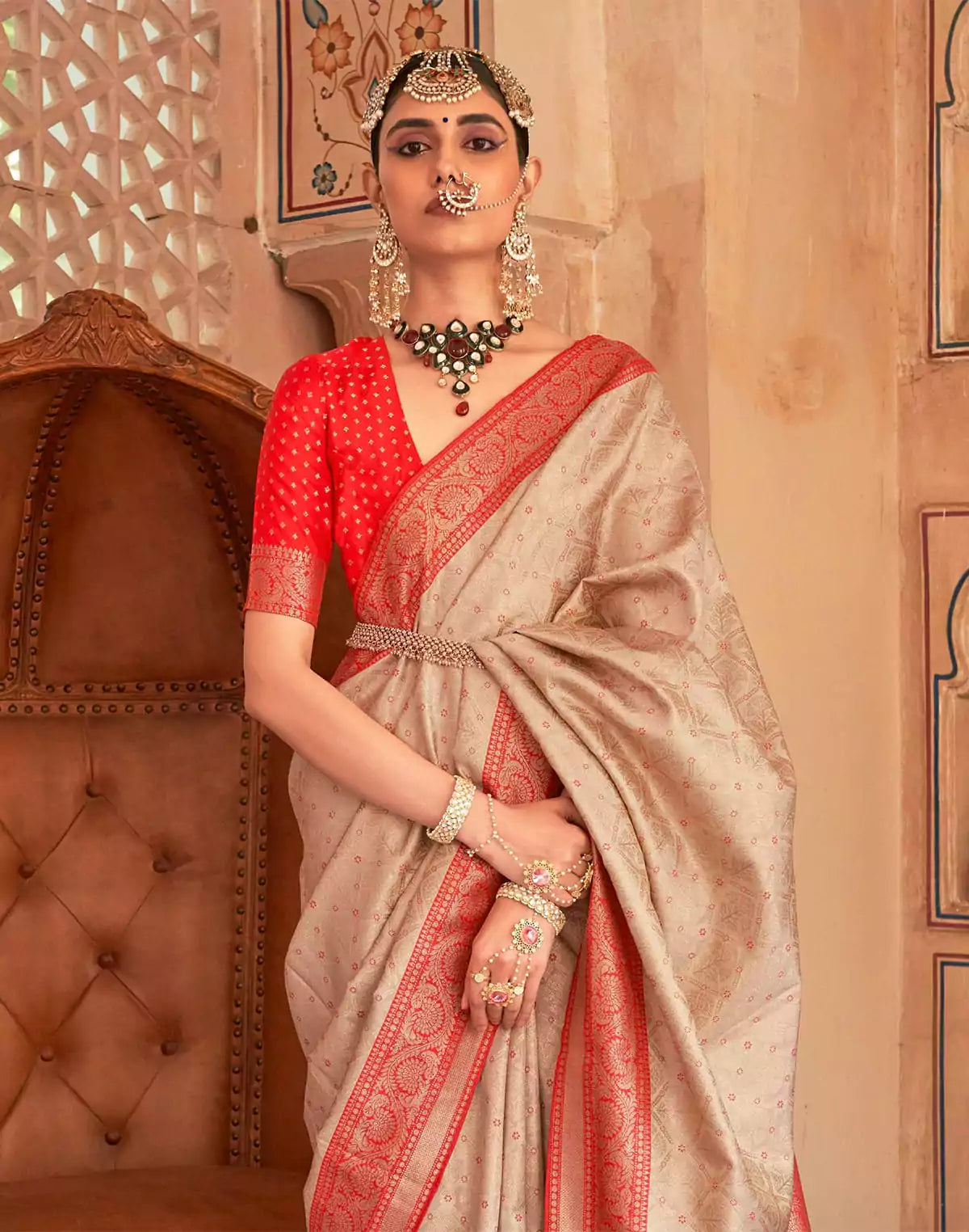 Image of Beige Soft Banaras Silk Saree with Contrast Blouse