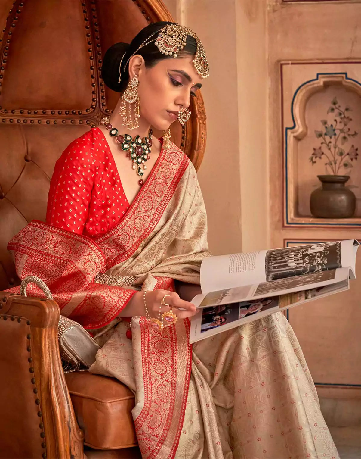 Image of Beige Soft Banaras Silk Saree with Contrast Blouse