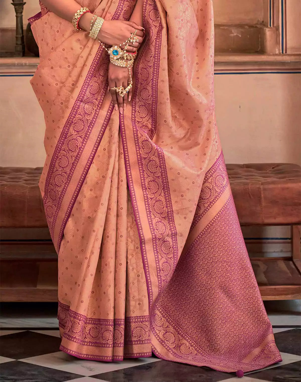 Image of Peach Coloured Soft Banaras Silk Saree